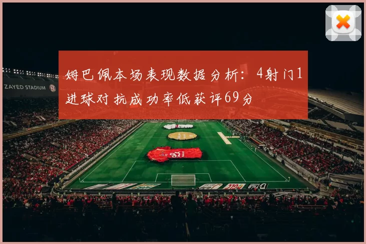 姆巴佩本场表现数据分析：4射门1进球对抗成功率低获评69分